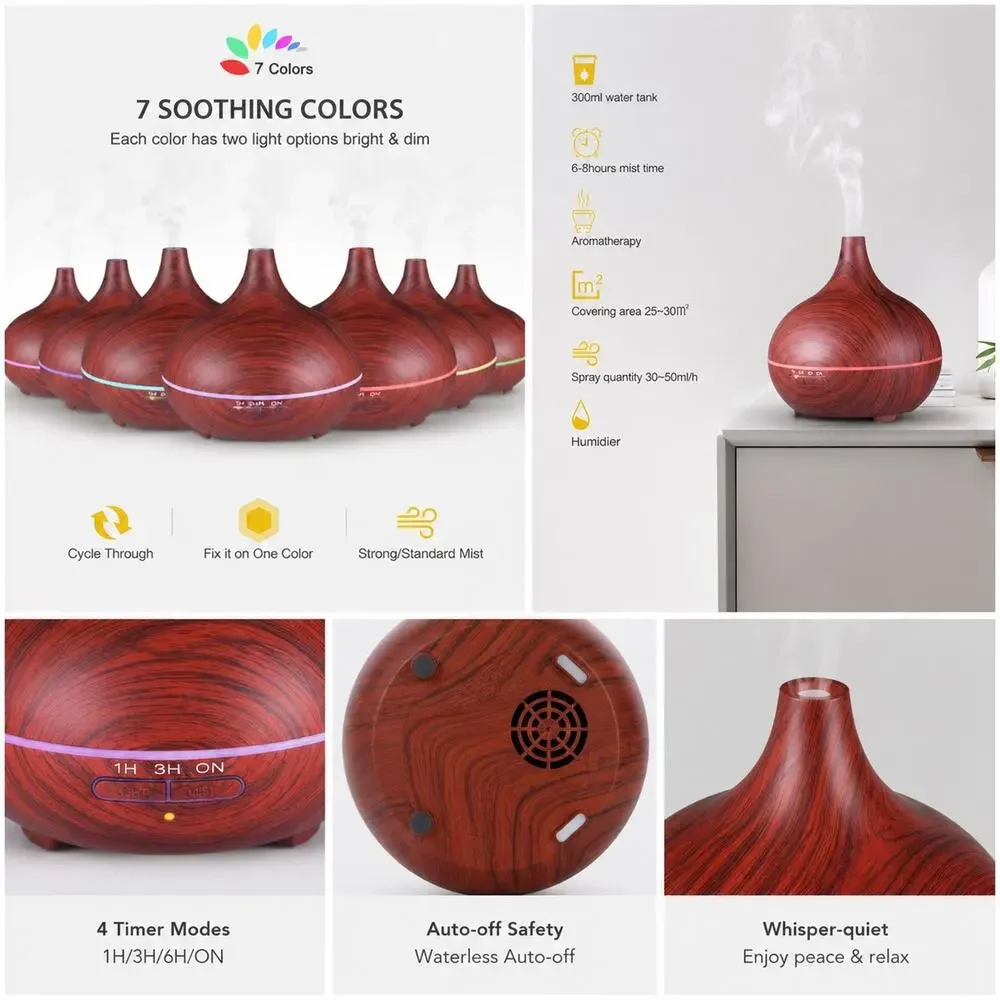 VicTsing 300ml Essential Oil Diffuser Ultrasonic Cool Mist Humidifier Cherrywood